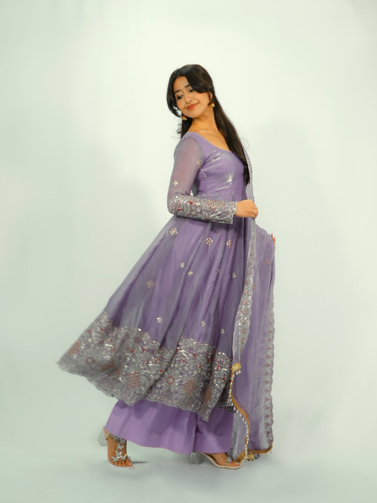 Elegant Pearl Lace Two Tone Fandy Silk Gown Set – Designer Party Wear