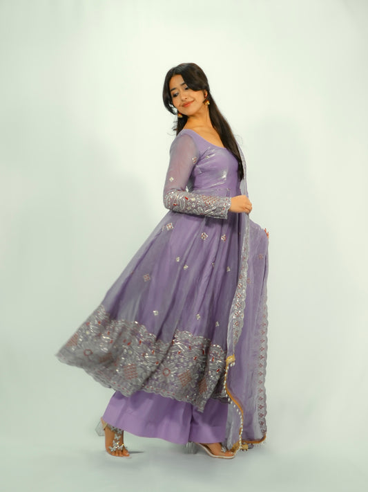 Elegant Pearl Lace Two Tone Fandy Silk Gown Set – Designer Party Wear