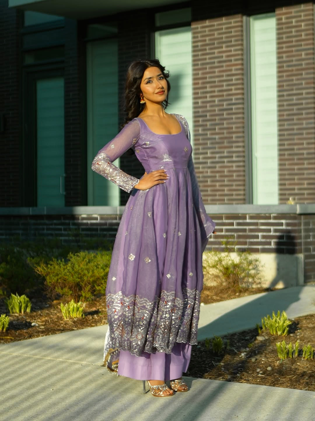Elegant Pearl Lace Two Tone Fandy Silk Gown Set – Designer Party Wear