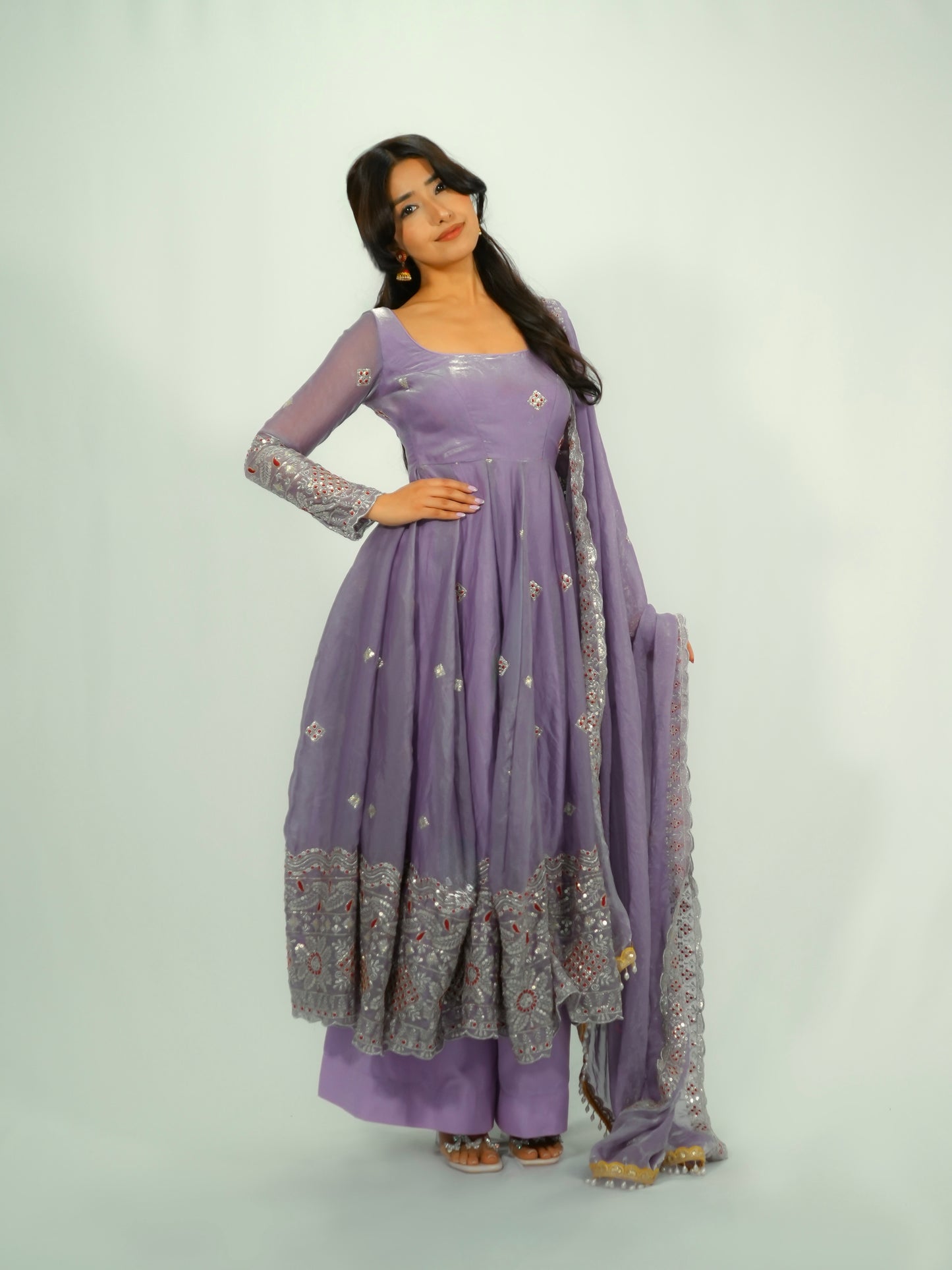 Elegant Pearl Lace Two Tone Fandy Silk Gown Set – Designer Party Wear