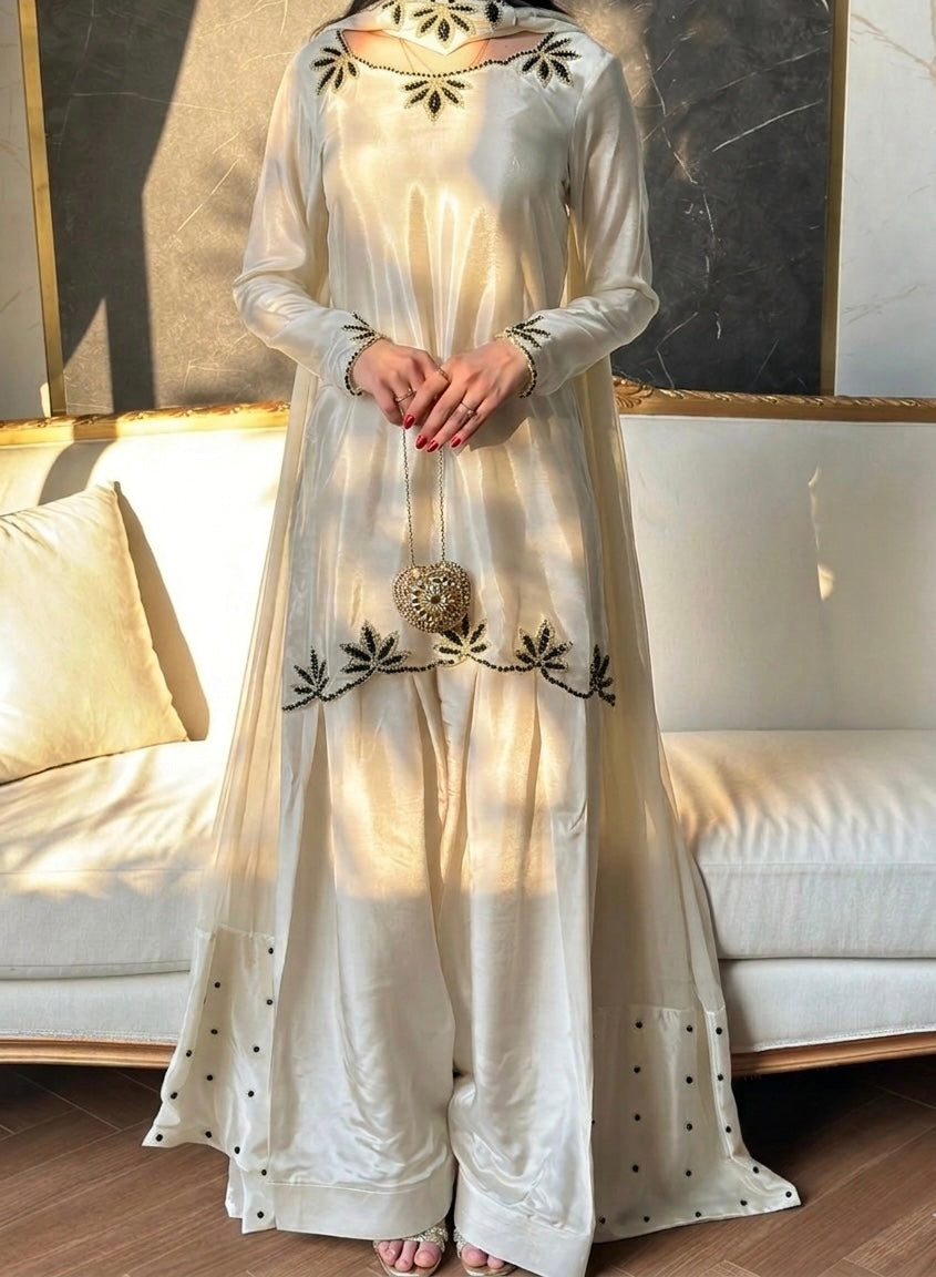 Natural Crepe Moti Embroidered Farsi Salwar Set – New Designer Party Wear