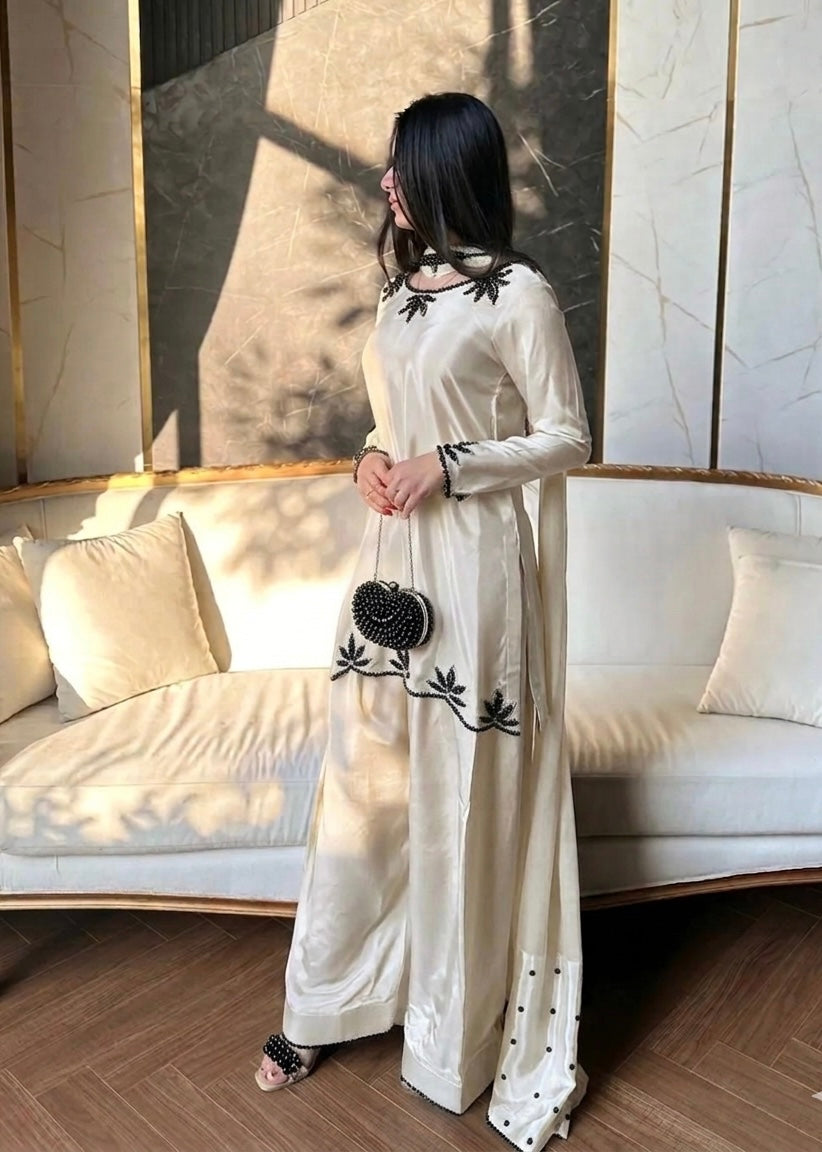 Natural Crepe Moti Embroidered Farsi Salwar Set – New Designer Party Wear