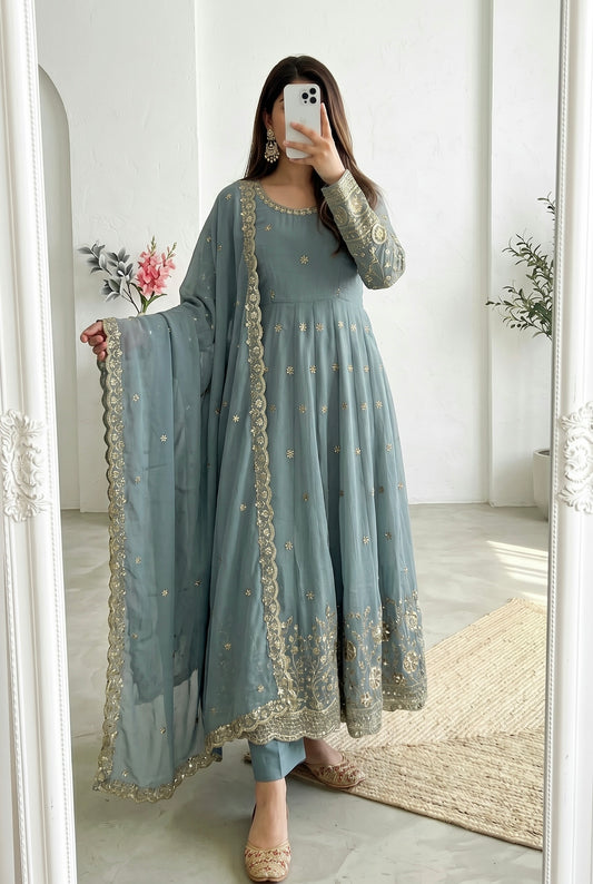 Elegant Heavy Crunchy Silk Gown Set – Embroidered Party Wear Collection