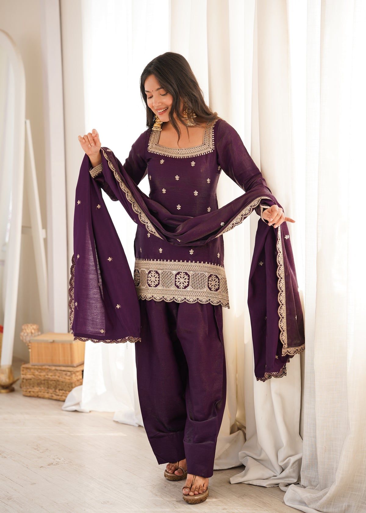 Royal Glass Roman Silk Farshi Shalwar Suit – Sequins &amp; Jari Festive Elegance