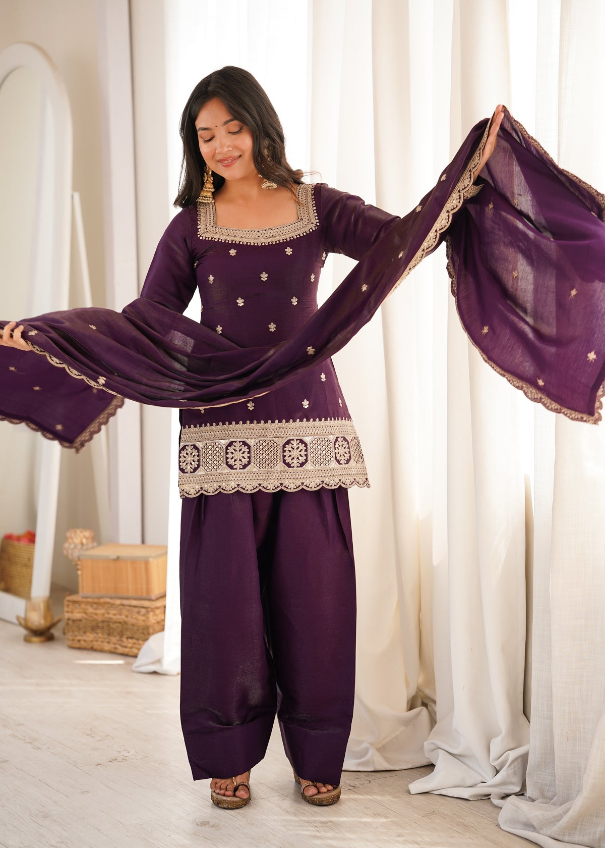 Royal Glass Roman Silk Farshi Shalwar Suit – Sequins &amp; Jari Festive Elegance