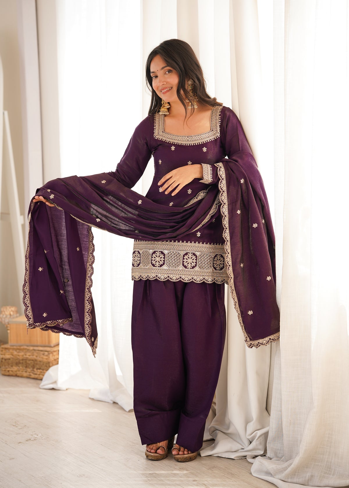 Royal Glass Roman Silk Farshi Shalwar Suit – Sequins &amp; Jari Festive Elegance
