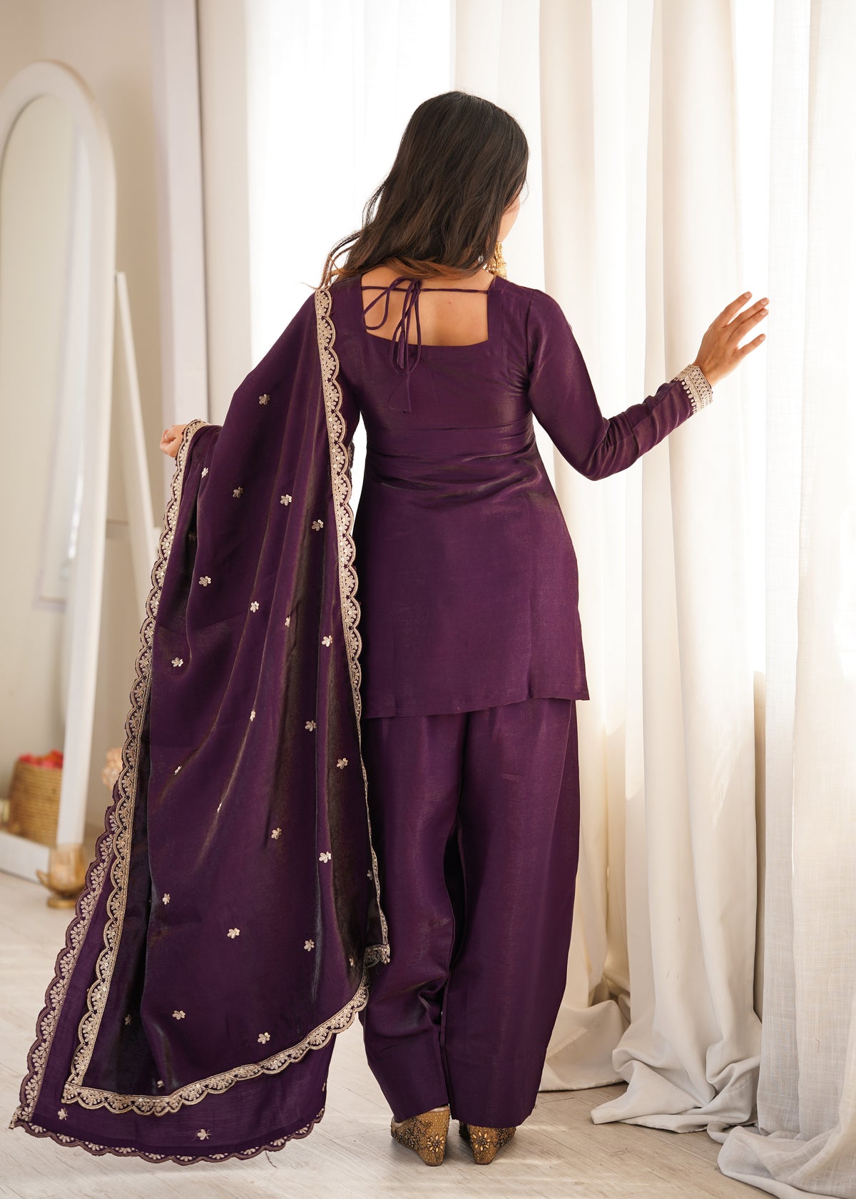 Royal Glass Roman Silk Farshi Shalwar Suit – Sequins &amp; Jari Festive Elegance