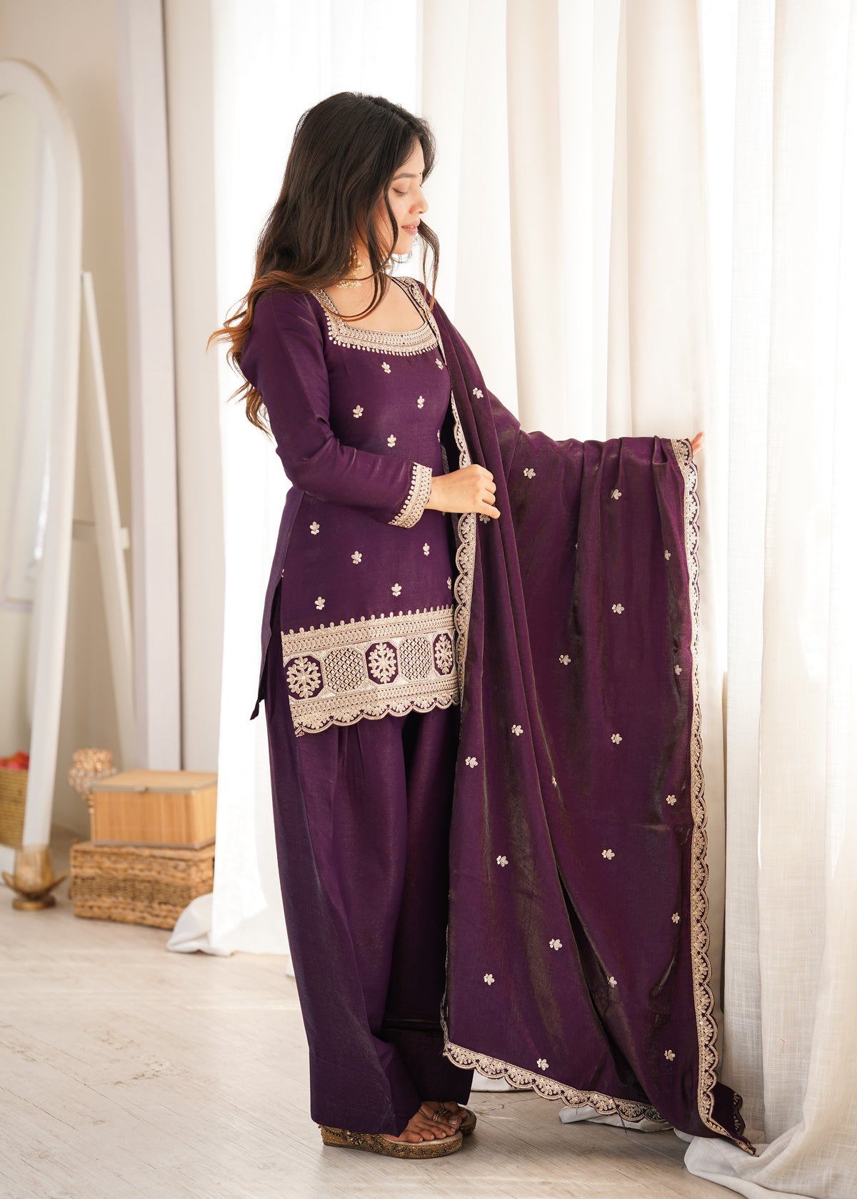Royal Glass Roman Silk Farshi Shalwar Suit – Sequins &amp; Jari Festive Elegance