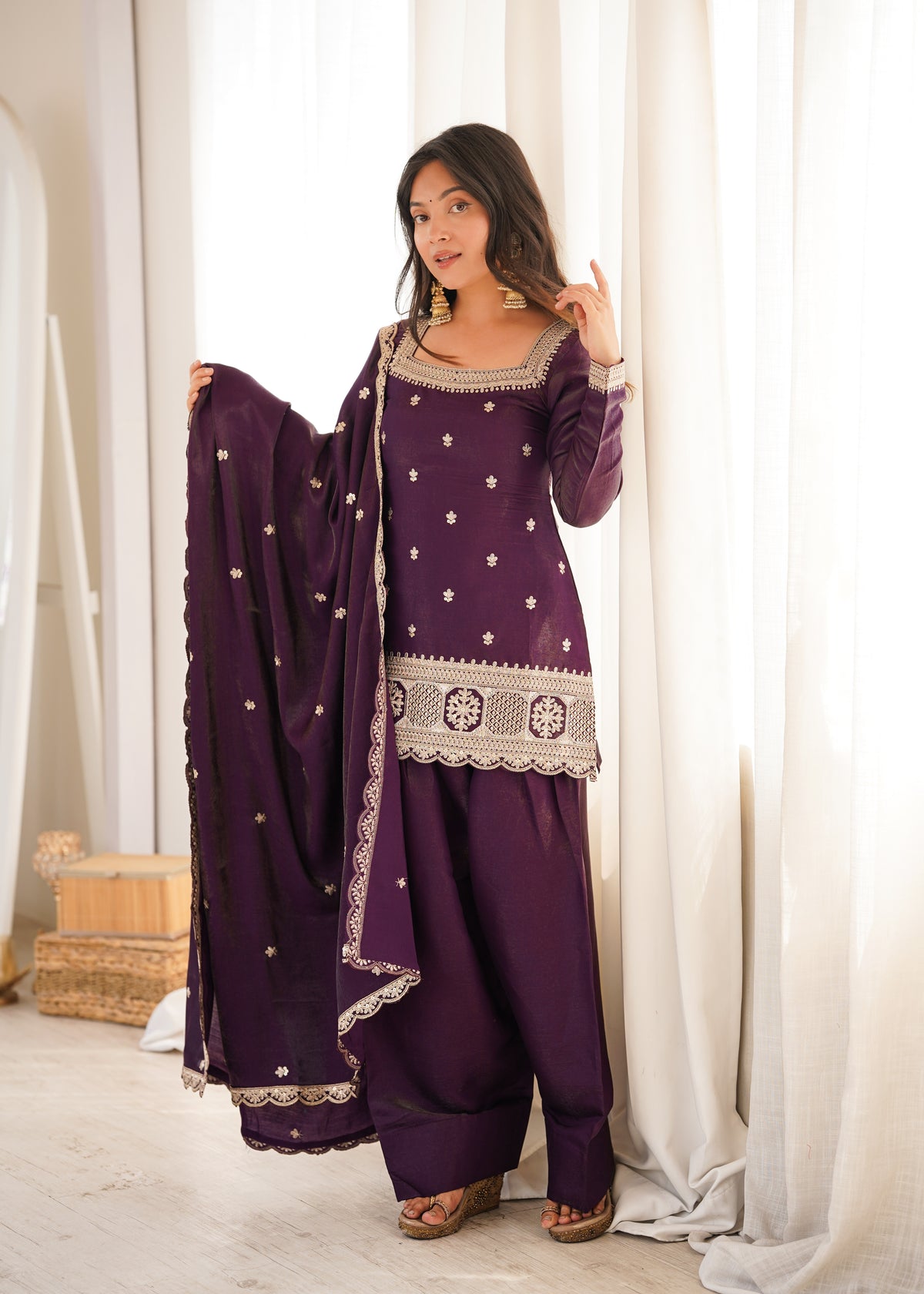 Royal Glass Roman Silk Farshi Shalwar Suit – Sequins &amp; Jari Festive Elegance