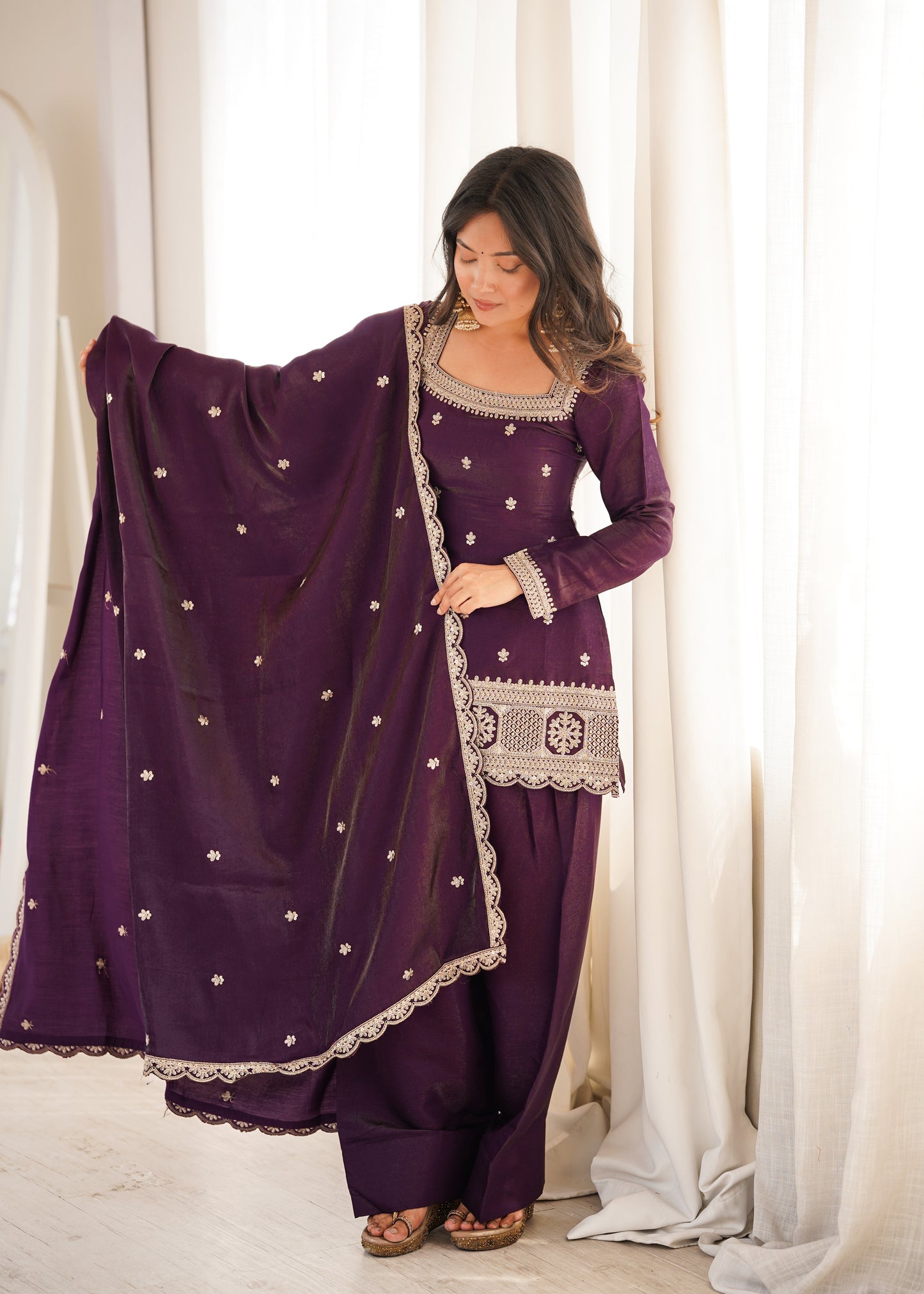Royal Glass Roman Silk Farshi Shalwar Suit – Sequins &amp; Jari Festive Elegance