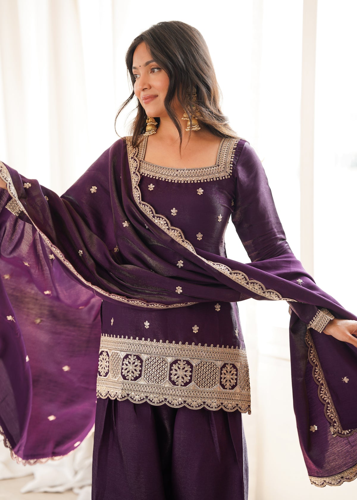 Royal Glass Roman Silk Farshi Shalwar Suit – Sequins &amp; Jari Festive Elegance