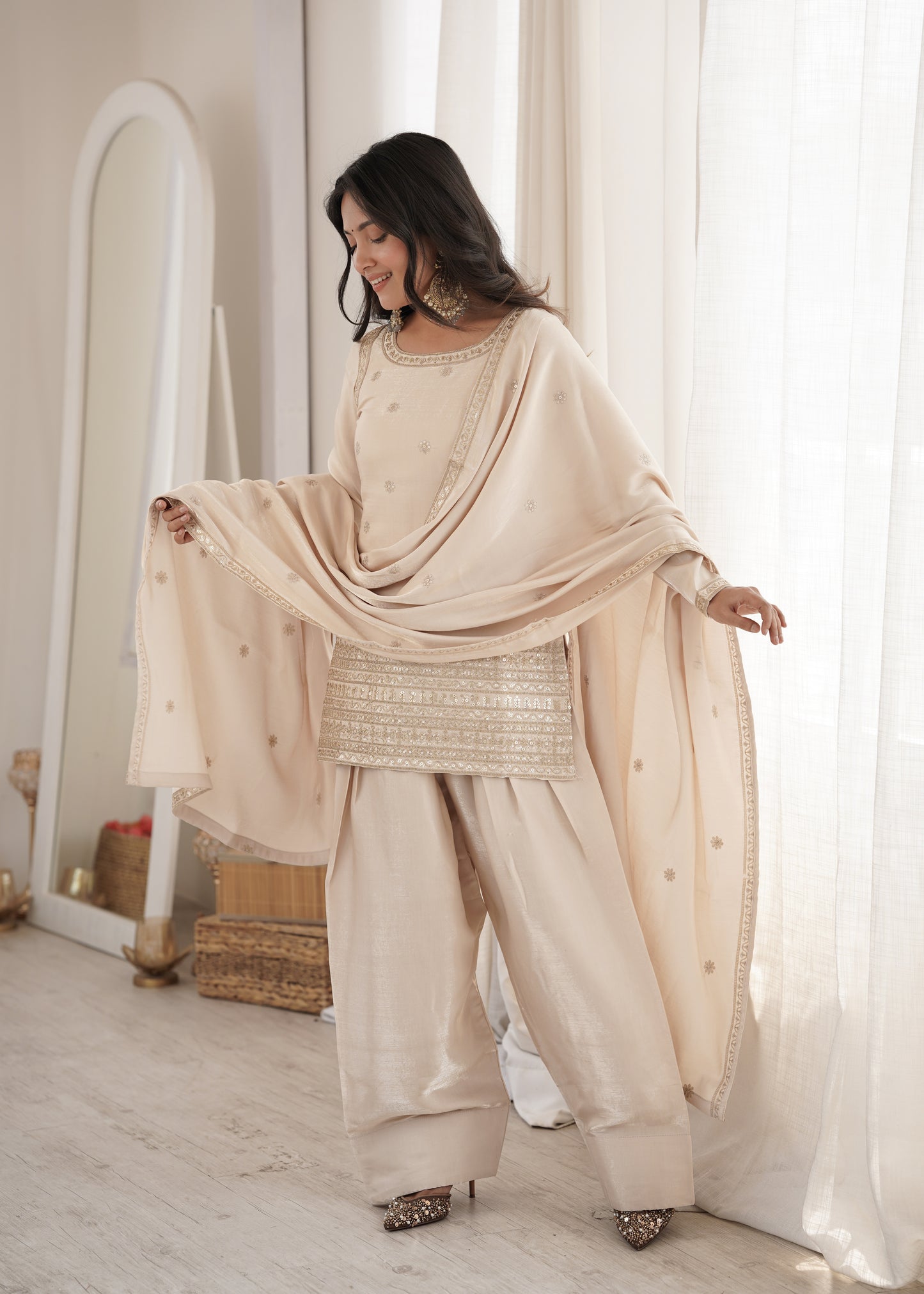 Elegant Glass Roman Silk Farshi Shalwar Suit