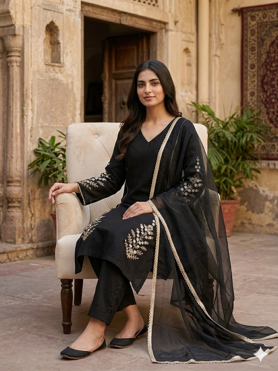 Elegant Roman Silk Embroidered Party Wear Set