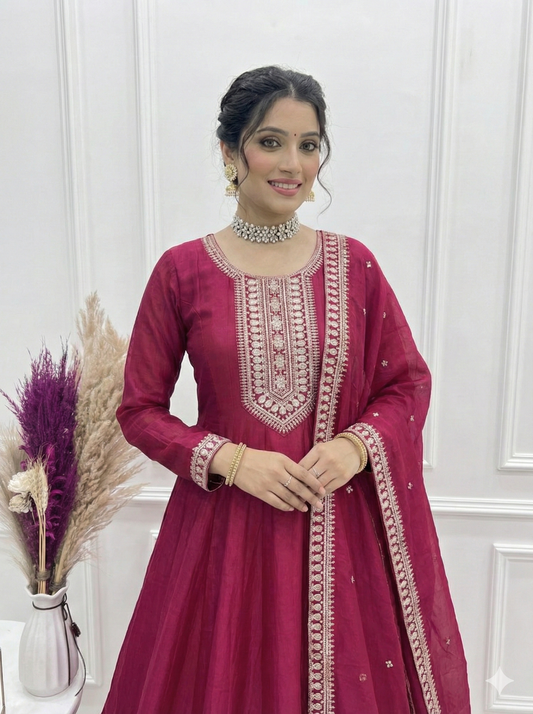 Royal Dark Pink Fully Flared Anarkali Gown Set For Women 💖